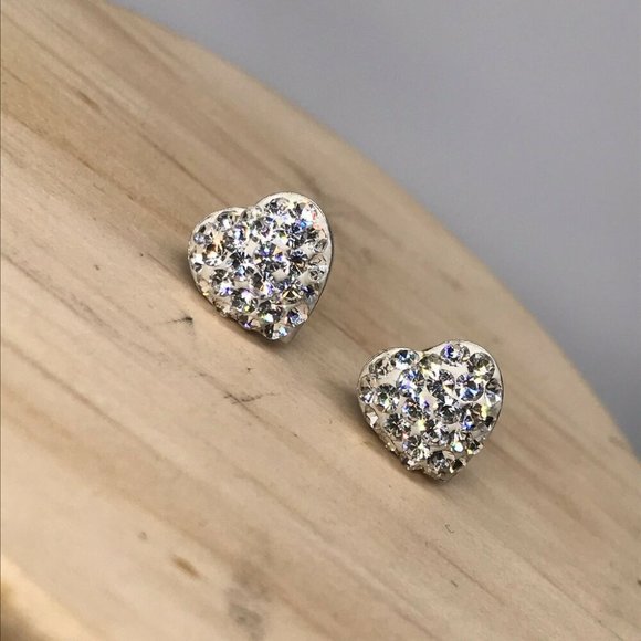 Jewelry - Authentic 925 Sterling Silver Heart Shaped Earrings with Sparkly White Stones